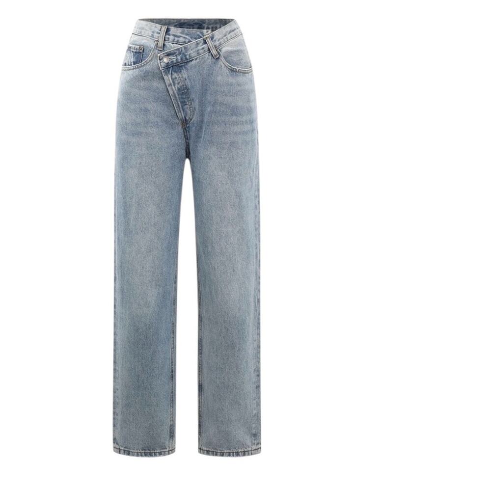 Micas Light Wash 90’s Inspired High rise Asymmetric Fly Straight Jeans XXL NWT
